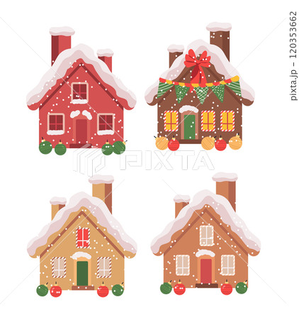 Christmas gingerbread houses with snow festive decorations colorful ornaments winter theme cozy design holiday spirit Christmas gingerbread houses with snow festive decorations colorful ornaments winter theme cozy design holiday spirit 120353662