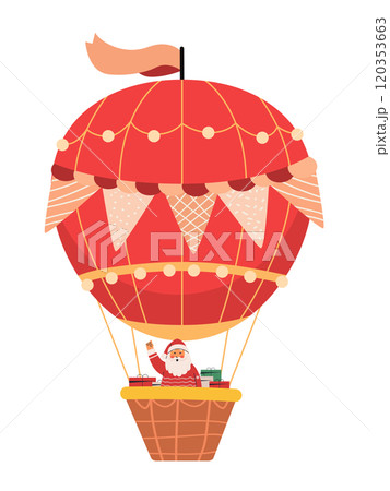 Santa Claus in hot air balloon waving with gifts festive red balloon design holiday theme 120353663