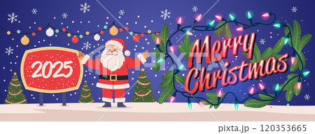 Santa Claus Christmas celebration festive scene snowy background Christmas trees colorful lights night sky holiday theme website banner 120353665