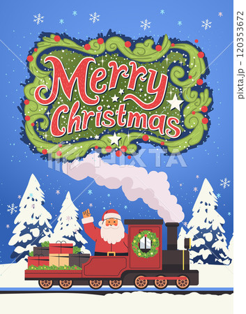 Santa Claus on Christmas train festive winter scene snow-covered trees presents colorful design holiday greeting card Santa Claus on Christmas train festive winter scene snow-covered trees presents colorful design holiday greeting card 120353672