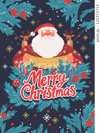 Santa Claus with reindeer festive theme Christmas scene with Santa holding a scroll surrounded by reindeer pine branches ornaments snowflakes dark background holiday design 120353714