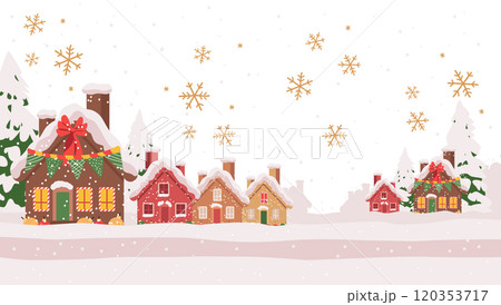 Christmas village snowy scene festive houses decorated with snowflakes pine trees in winter landscape holiday theme Christmas village snowy scene festive houses decorated with snowflakes pine trees in winter landscape holiday theme 120353717
