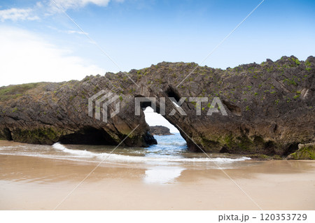 Rock formation in San Antolin beach, Spain 120353729