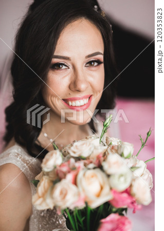 Luxury bride in white dress posing while preparing for the wedding ceremony Luxury bride in white dress posing while preparing for the wedding ceremony 120353823