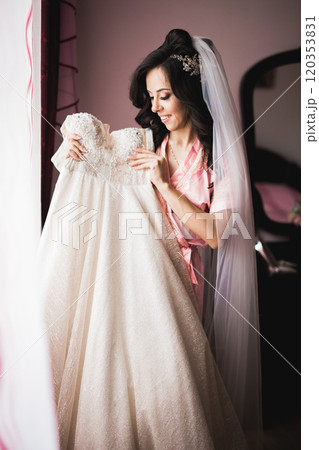 Luxury bride in white dress posing while preparing for the wedding ceremony Luxury bride in white dress posing while preparing for the wedding ceremony 120353831