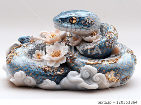 A blue and gold snake, sitting with waves. 120353864