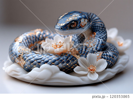 A blue and gold snake, sitting with waves. 120353865