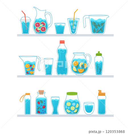 water drinks. different fresh drinks in jars and glasses standing on shelves 120353868