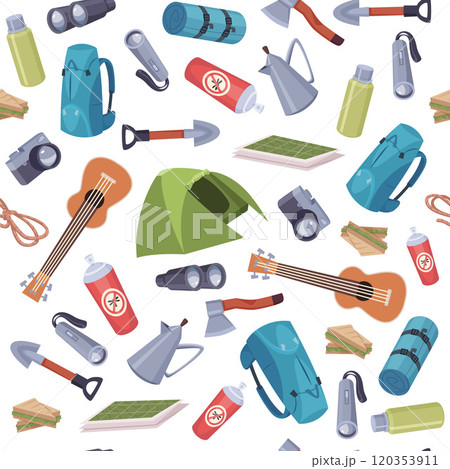 exploring pattern. tourism specific items tent guitar binoculars axes and shovels. vector seamless background