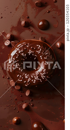 Donut with dark chocolate glaze, choco chips shavings melted. Banner stories reels shorts 120354103