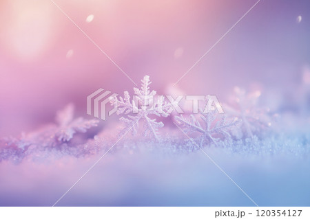 Delicate snowflakes sparkle on soft snow with a dreamy pastel background in a serene winter landscape at dusk Delicate snowflakes sparkle on soft snow with a dreamy pastel background in a serene winter landscape at dusk 120354127