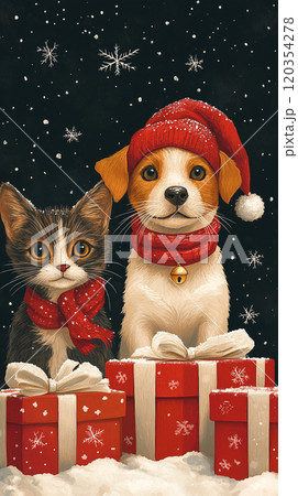 Merry Christmas and Happy New Year banner copy space, illustration, pets, dog and cat with gifts 120354278