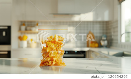 Crispy potato chips in an open snack bag placed on a kitchen counter in a modern white kitchen with minimalistic design and soft natural lighting for a cozy and clean ambiance Crispy potato chips in an open snack bag placed on a kitchen counter in a modern white kitchen with minimalistic design and soft natural lighting for a cozy and clean ambiance 120354295