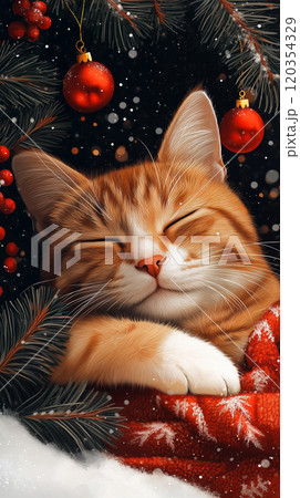 Merry Christmas and Happy New Year banner with copy space, illustration, pet, cat curled up beside decorated tree 120354329