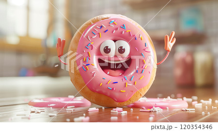 Pink happy donut mascot character with arms, eyes, and mouth smiling and laughing Pink happy donut mascot character with arms, eyes, and mouth smiling and laughing 120354346