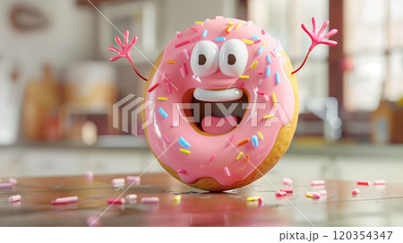 Pink happy donut mascot character with arms, eyes, and mouth smiling and laughing Pink happy donut mascot character with arms, eyes, and mouth smiling and laughing 120354347