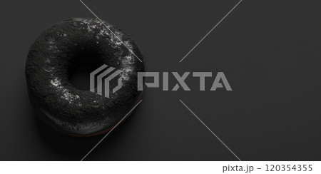 Total black donut with sprinkles on dark background. Banner, copy space 120354355