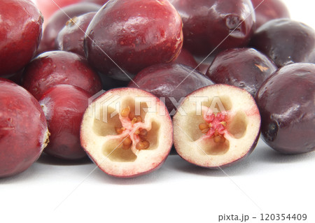 Fresh Ripe Cranberries with a Focus on Halved Fruit 120354409