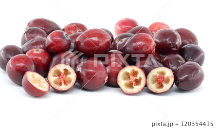 Fresh Whole and Sliced Cranberries on White Background 120354415
