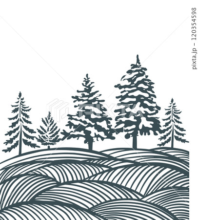 Graphic landscape of fir tree in field silhouette. Happy New Year . hand drawing. Not AI, Vector illustrations. Graphic landscape of fir tree in field silhouette. Happy New Year . hand drawing. Not AI, Vector illustrations. 120354598