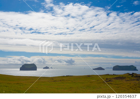 Vestmannaeyjar island beach day view, Iceland landscape. Vestmannaeyjar island beach day view, Iceland landscape. 120354637