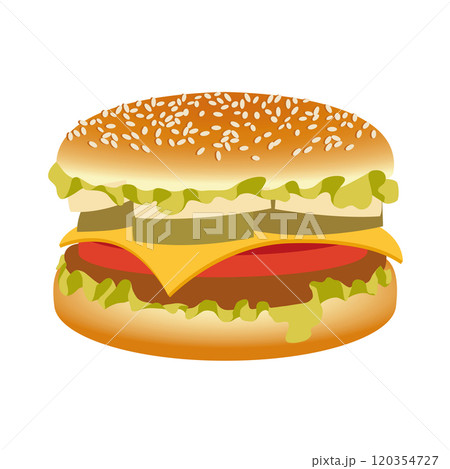 Cheeseburger Retro Fast Food, Hamburger Mid-Century Modern Vector Illustration 120354727