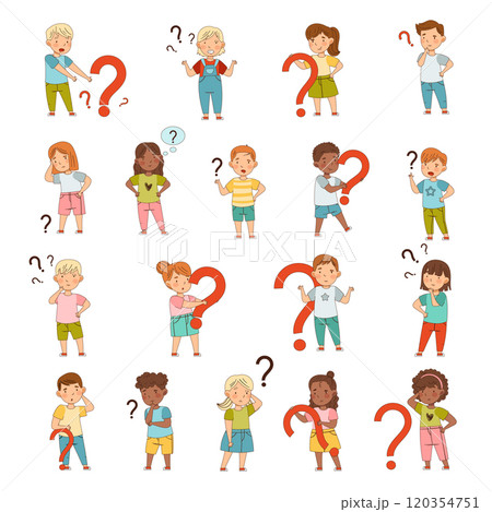 Puzzled Little Kids with Question Scratching Their Heads Wondering Vector Set 120354751