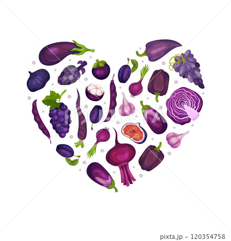 Purple Veggie and Fruit Heart Shape Composition Vector Template 120354758