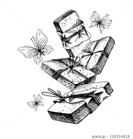 Handmade soap in craft paper, tied with a rope with butterflies . Graphic illustration line art hand drawn in black and white colors monochrome. Arrangement, composition, sublimation 120354818