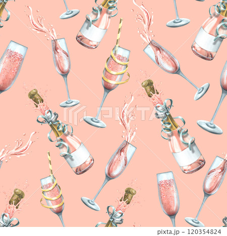 Bottles and glasses with pink champagne, with festive ribbons. Watercolor illustration. Seamless pattern on a pink background from a large set of HAPPY BIRTHDAY. For congratulations and gifts 120354824