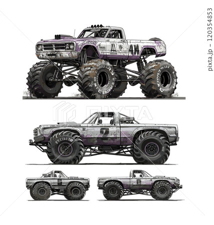 Monster truck color ink sketch vector concepts. Big mud tyres lifted off road muscle power turbo vehicle car, race 4x4 stunt competition automobile pickup, isolated illustrations on white backdrop 120354853