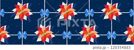 Christmas pattern with poinsettia flower, cute blue bow and candy cane ribbon decoration elements 120354883