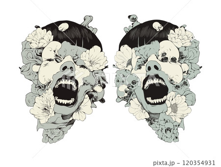 Color ink sketch screaming woman face with flower petals. Female japan horror style suffering head sprouting plants portrait, creepy concepts for comic or manga isolated vectors Color ink sketch screaming woman face with flower petals. Female japan horror style suffering head sprouting plants portrait, creepy concepts for comic or manga isolated vectors 120354931