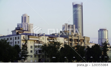 A modern cityscape featuring impressive skyscrapers and intriguing urban architecture. Stock Clip 120355064