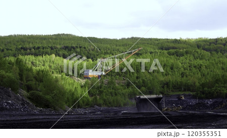 Coal Mining Operations Are Surrounded by Lush Greenery and Rich Natural Landscape. Stock Clip Coal Mining Operations Are Surrounded by Lush Greenery and Rich Natural Landscape. Stock Clip 120355351