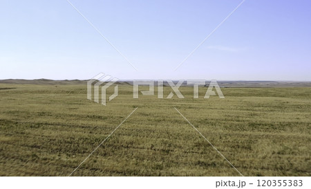 Vast Grasslands Stretch Beneath a Clear and Expansive Blue Sky Filled with Sunshine. Stock Clip 120355383