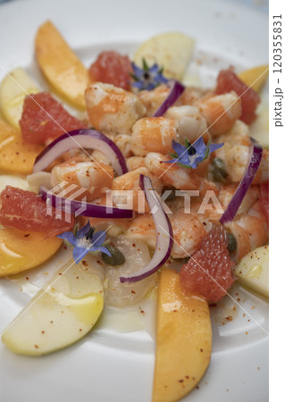 RECIPE CEVICHE OF SHRIMPS AND SCALLOPS WITH CITRUS FRUIT, LEMON, LIME, SQUEEZED ORANGE, GRAPEFRUIT 120355831