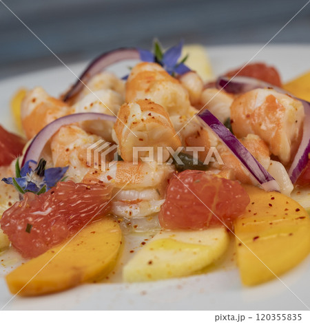RECIPE CEVICHE OF SHRIMPS AND SCALLOPS WITH CITRUS FRUIT, LEMON, LIME, SQUEEZED ORANGE, GRAPEFRUIT 120355835