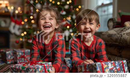 Christmas Gifts Surround Happy Children Laughing Together on Christmas Morning. Generative AI. 120355887