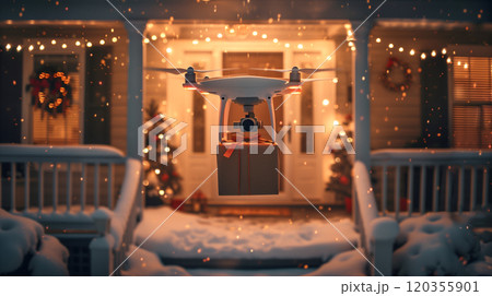 Drone Quadcopter UAV Delivering a Christmas Gift to the Holiday Decorated Front Porch of a House. Generative AI. 120355901