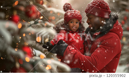 Warmly Dressed Father and Son Outside in the Snow and Hanging A Christmas Ornaments On A Tree. Generative AI. 120355902