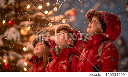 Warmly Dressed Happy Children Outside In The Evening Enjoying the Christmas Decorations In Their Town. Generative AI. 120355909