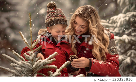 Warmly Dressed Mother and Son Outside in the Snow and Hanging A Christmas Ornaments On A Tree. Generative AI. 120355910