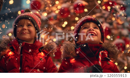 Warmly Dressed Happy Children Outside In The Evening Enjoying the Christmas Decorations In Their Town. Generative AI. 120355913