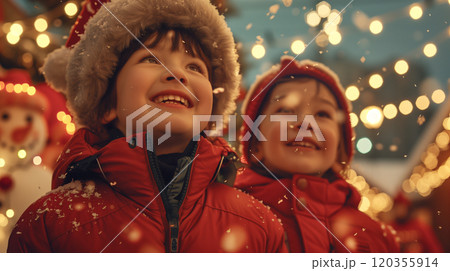 Warmly Dressed Happy Children Outside In The Evening Enjoying the Christmas Decorations In Their Town. Generative AI. 120355914