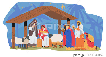 Merry Christmas religious scene of Jesus Christ birth and gifts of magi under star of Bethlehem 120356087