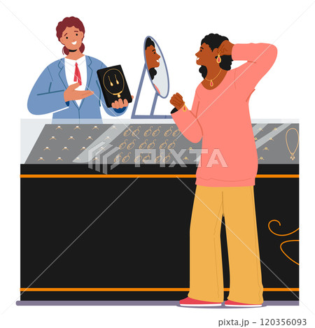 Young woman character choosing golden jewel earring and necklace while shopping at jewelry shop 120356093