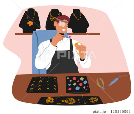 Man artisan making handmade artisan accuracy putting gemstone into golden pendant on chain 120356095