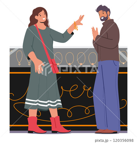 Happy loving family couple shopping at jewelry shop choosing for woman golden bracelet for gift 120356098