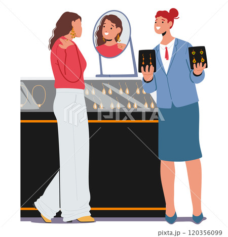 Young attractive woman client character choosing golden earrings at luxury jewelry boutique 120356099